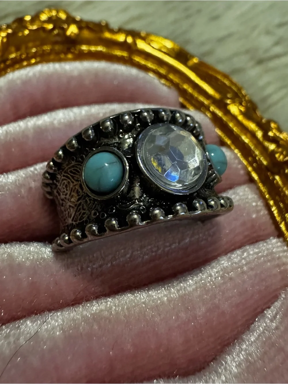 Boho Statement Ring Silver Tone Clear Crystal Turquoise Cabochons Sz 10.5 Unisex